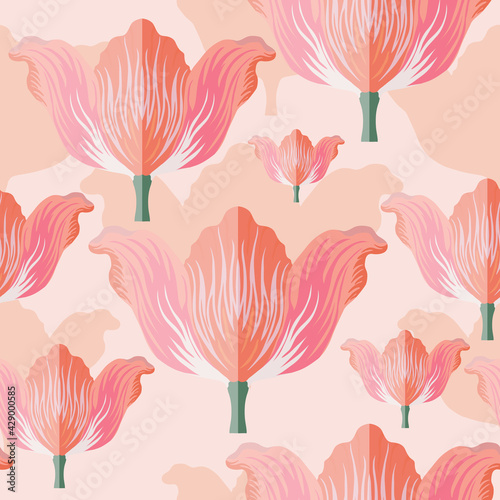 Seamless pattern with a varietal pastel pink tulip