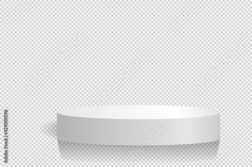 Round podium with shadow and reflection. Imitation of a transparent background. Vector, 3d, realism. Minimalistic scene for advertising, museum exhibition, fashion show.