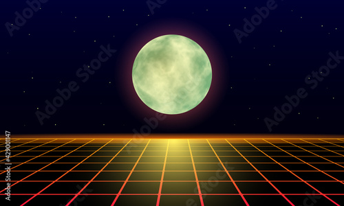yellow moon and lunar trail on a landscape laser grid in space. Futuristic fantastic background in 80s style.