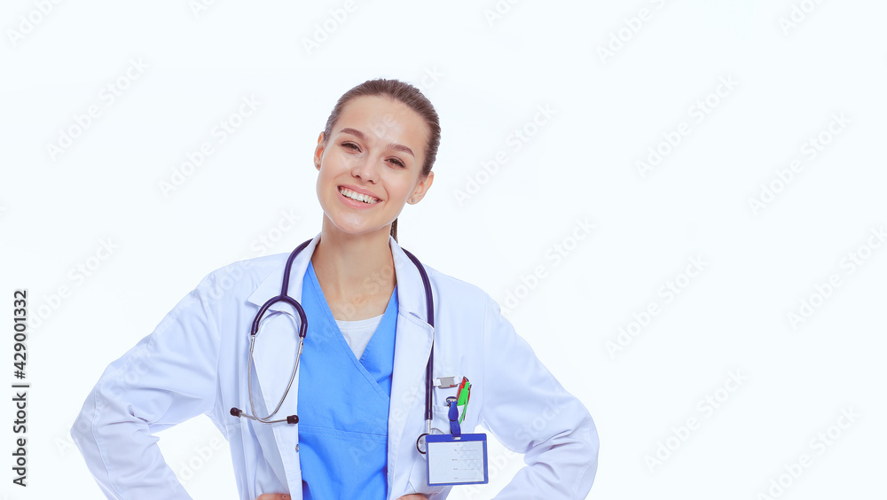 Beautiful young woman in white coat posing with hand in pocket. Woman doctor Beautiful young woman in white coat posing with hand in pocket. Woman doctor