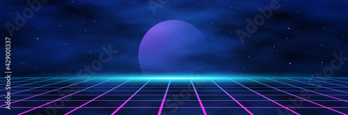 planet and geometric triangles on the background of the landscape laser grid in space.