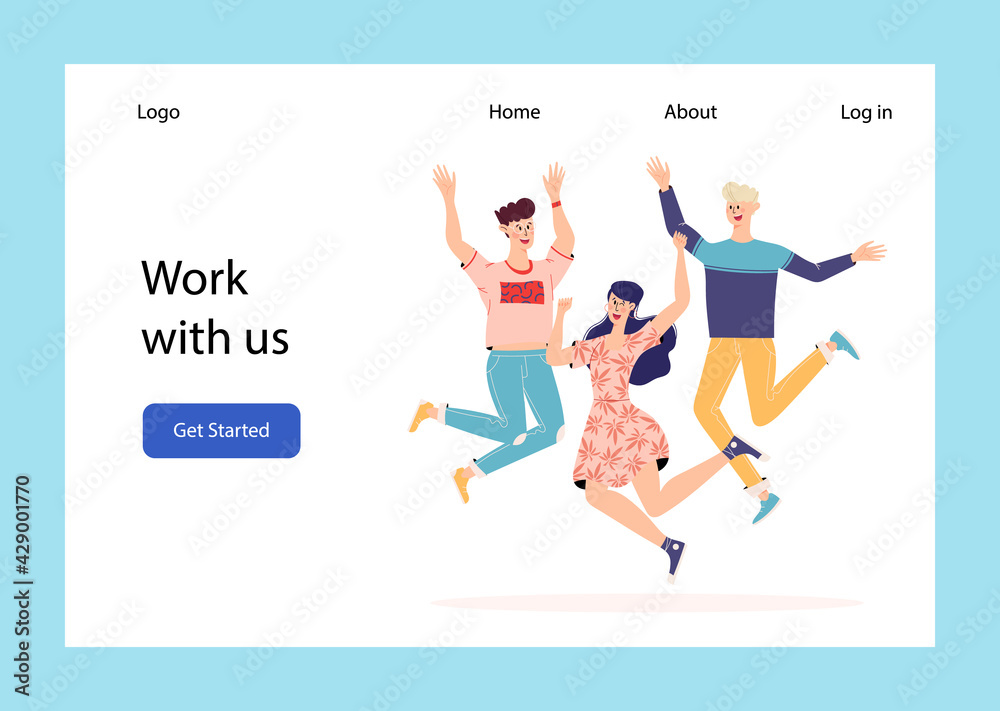 Happy people jumping set. Group of joyful people with raised hands jumping together. Positive and laughing men and women. Young funny teens guys and girls. Template for website or web landing page. .