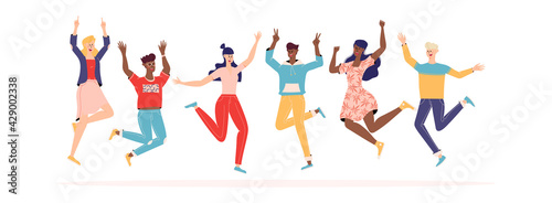 Happy people jumping set. Diverse group of joyful people with raised hands jumping together. Positive and laughing men and women. Young funny teens guys and girls jumping together. Flat illustration