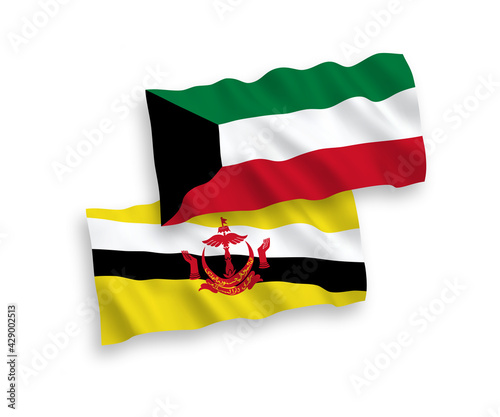 National vector fabric wave flags of Brunei and Kuwait isolated on white background. 1 to 2 proportion.
