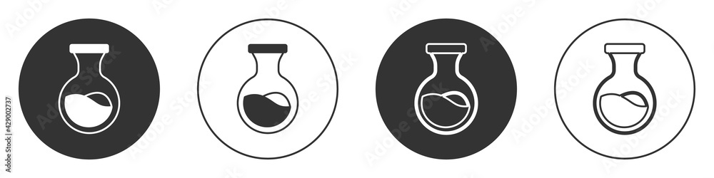 Black Test tube and flask chemical laboratory test icon isolated on white background. Laboratory glassware sign. Circle button. Vector Black Test tube and flask chemical laboratory test icon isolated on white background. Laboratory glassware sign. Circle button. Vector