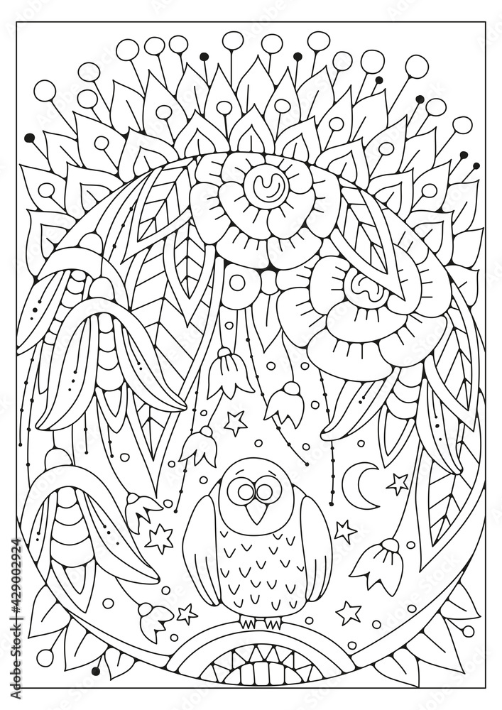 Coloring page with flowers and owl. Vector black and white illustration ...