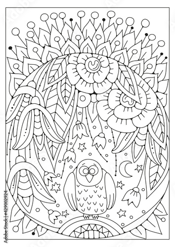 Coloring page with flowers and owl. Vector black and white illustration for coloring. Line art. Art therapy.