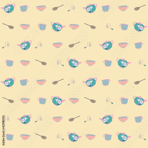 Teatime staggered grid pattern with teapot and cups