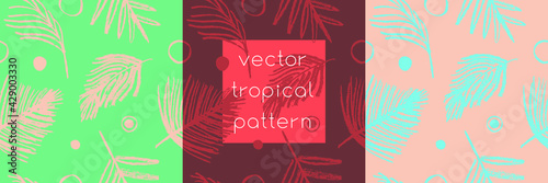 Tropical background with palm leaves ornament. Vector seamless pattern design. Floral graphics concept for tropical spa, beauty studio banner, botanical fabric backdrop, bright tropical leaf pattern.