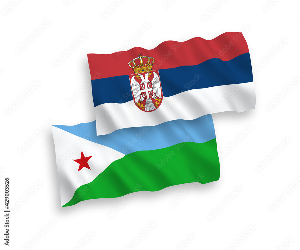 National vector fabric wave flags of Republic of Djibouti and Serbia isolated on white background. 1 to 2 proportion.