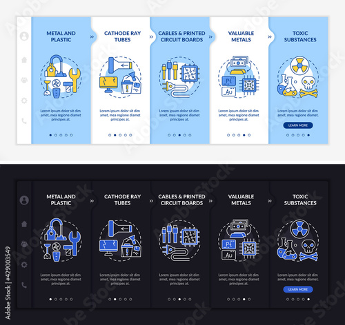 E-trash elements onboarding vector template. Responsive mobile website with icons. Web page walkthrough 5 step screens. Ray tubes, toxic materials night and day mode concept with linear illustrations