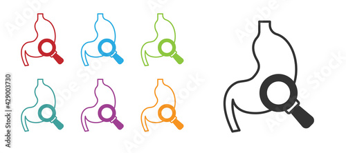 Black Human stomach with magnifying glass icon isolated on white background. Set icons colorful. Vector