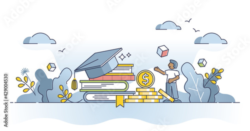 Scholarship credit for students education tuition payment outline concept. Money investment in knowledge and future university graduation vector illustration. Academic learning loan expenses funding. photo