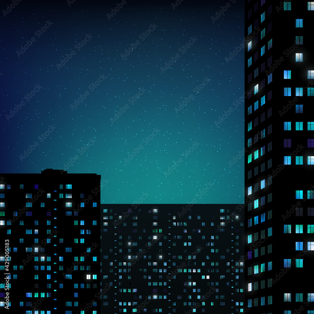 Glowing windows of buildings, stars in night sky. View from window on city night landscape. Light of the windows in tall buildings, starry sky. Abstract background, wallpaper. Vector illustration