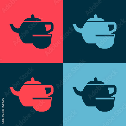 Pop art Traditional Chinese tea ceremony icon isolated on color background. Teapot with cup. Vector