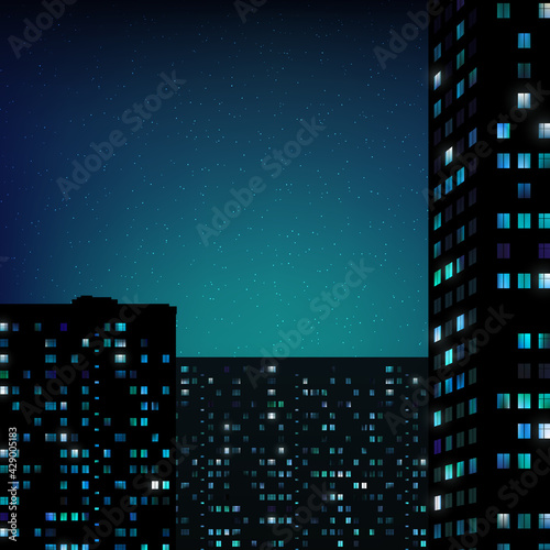 Glowing windows of buildings  stars in night sky. View from window on city night landscape. Light of the windows in tall buildings  starry sky. Abstract background  wallpaper. Vector illustration