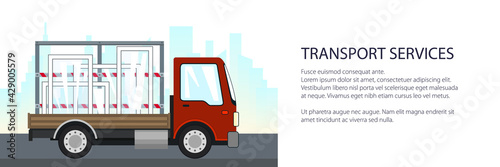 Small truck with windows on the background of the city, banner of transport services and logistics, shipping and freight of goods, vector illustration