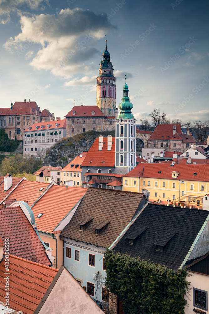 Cesky Krumlov. Aerial cityscape image of Cesky Krumlov, Czech Republic during spring sunset.