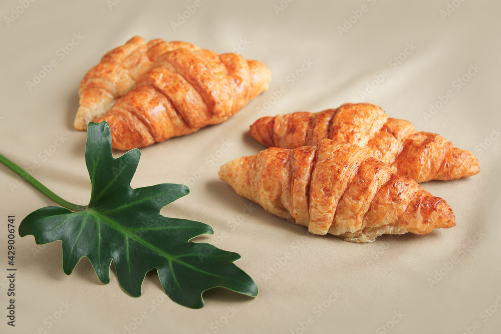 Top view of, Croissants on table covered with light brown cloth, Decorated with Philodendron Xanadu leaf, Bakery homemade from whole wheat flour, grains and Trans fat free for health care concept.