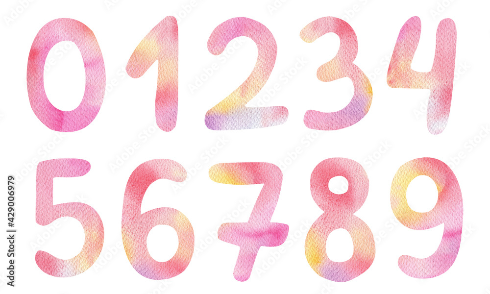 Watercolor pink gradient numbers set isolated on white background Watercolor pink gradient numbers set isolated on white background