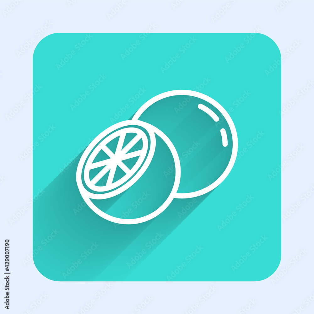 White line Orange fruit icon isolated with long shadow. Green square button. Vector White line Orange fruit icon isolated with long shadow. Green square button. Vector