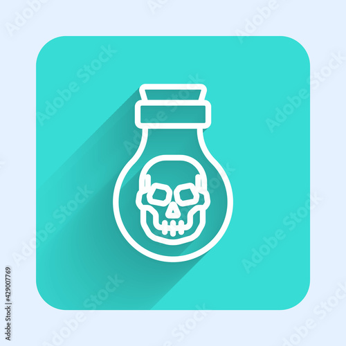 White line Poison in bottle icon isolated with long shadow. Bottle of poison or poisonous chemical toxin. Green square button. Vector