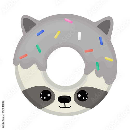 Illustration with cartoon donut in the form of Raccoon isolated on white background. Print for t-shirts, posters, greeting cards, stickers, design and more.