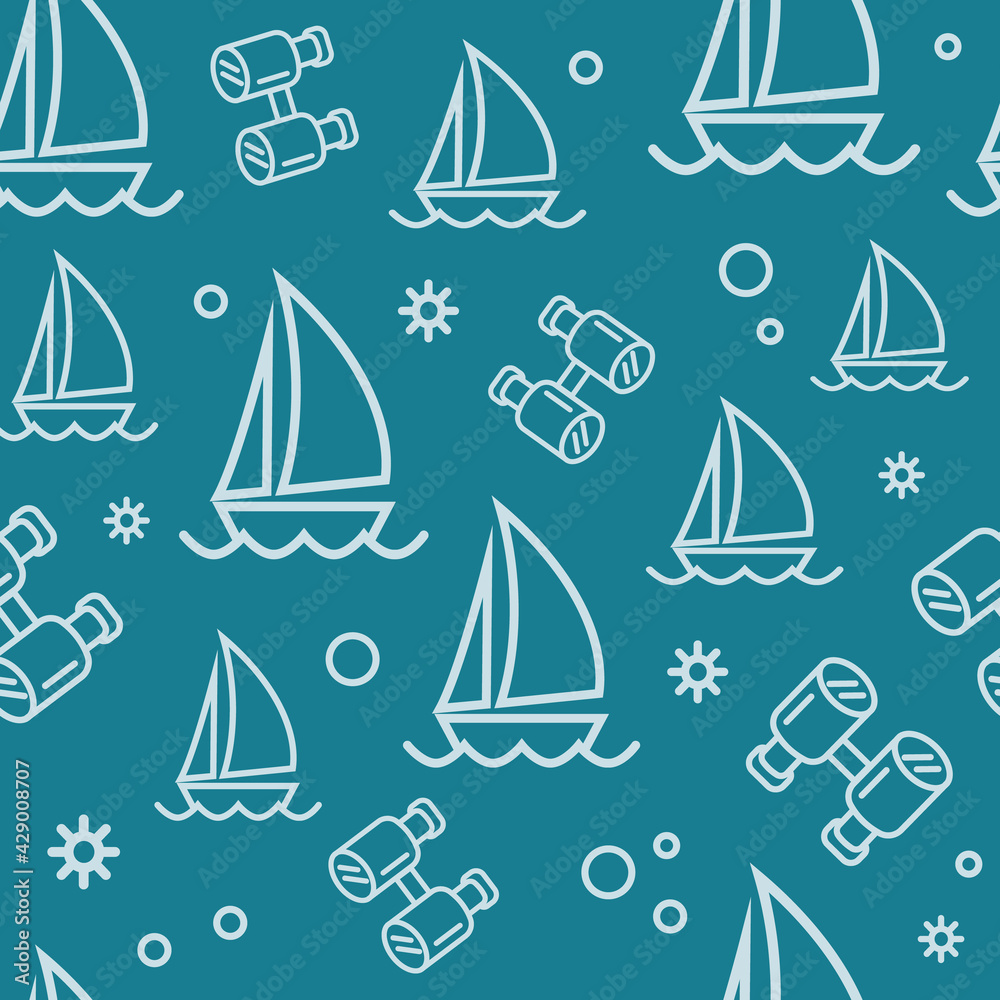 Sailing ships seamless vector pattern. Yachts and binoculars on a blue background. Summer sea background. For the design of fabrics, textiles, wrapping paper