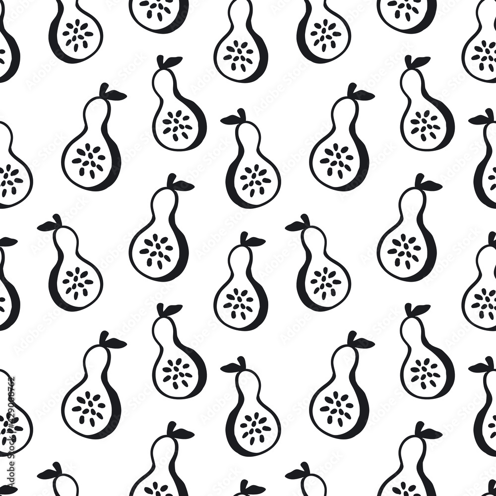 black and white seamless pattern with stylized pears, endless repeatable fruits texture black and white seamless pattern with stylized pears, endless repeatable fruits texture