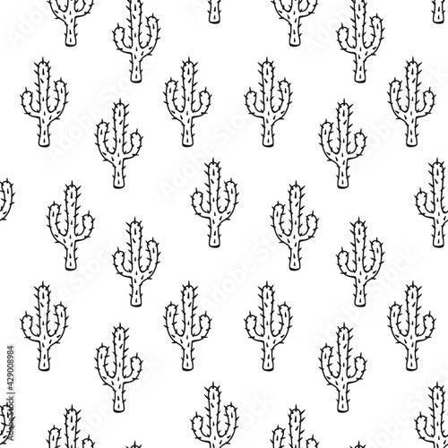 black and white seamless pattern with cute desert cactus, endless repeatable texture
