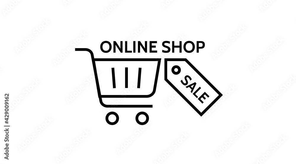 On line store. Sale, Laptop with awning. Buy online shop. concept design icon. Vector line on isolated background. On line store. Sale, Laptop with awning. Buy online shop. concept design icon. Vector line on isolated background.