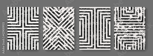 Abstract striped geometric vintage posters set. Collection of Mid-Century Modern Arts. Minimal polygonal pattern. Trendy retro textured placard.