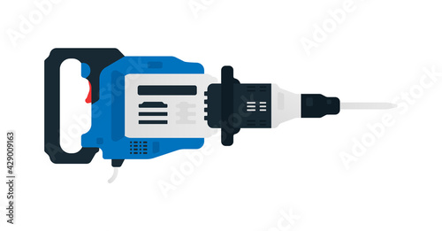 Electric jackhammer. Power tool for household, road, construction and finishing works. Professional worker tool. Vector illustration isolated on white background.