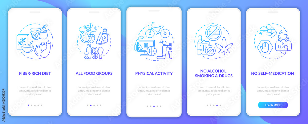 Liver health necessities onboarding mobile app page screen with concepts. No alcohol, smoking walkthrough 5 steps graphic instructions. UI, UX, GUI vector template with linear color illustrations