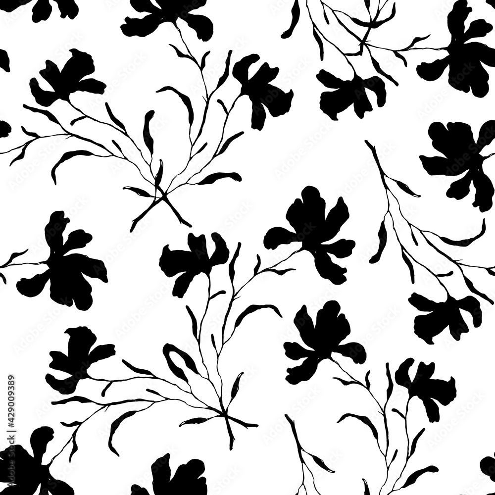 black and white floral seamless pattern, endless repeatable flowers texture