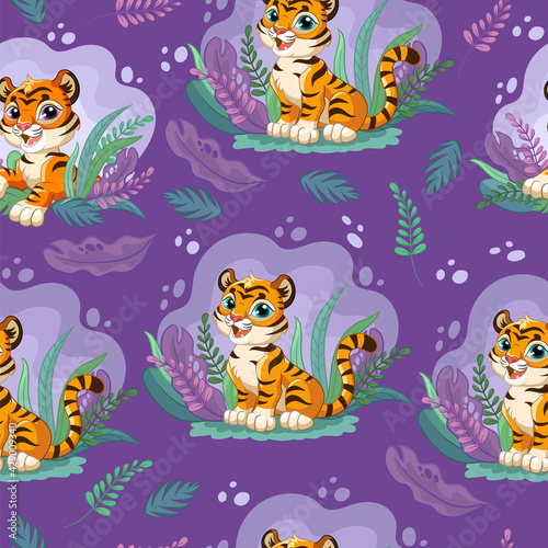 Seamless pattern with cute tigers in jungle