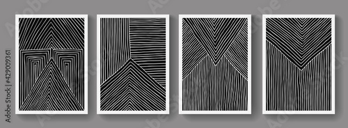Trendy set of A4 abstract minimalist composition. Contemporary art. Mid-century modern illustrations. Hand painted monochrome posters. Creative linear design.
