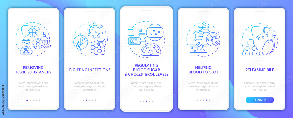 Liver responsibilities onboarding mobile app page screen with concepts. Releasing bile, detox walkthrough 5 steps graphic instructions. UI, UX, GUI vector template with linear color illustrations Liver responsibilities onboarding mobile app page screen with concepts. Releasing bile, detox walkthrough 5 steps graphic instructions. UI, UX, GUI vector template with linear color illustrations