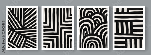 Trendy set of geometrical minimalist mid-century modern posters. Abstract boho style backgrounds.