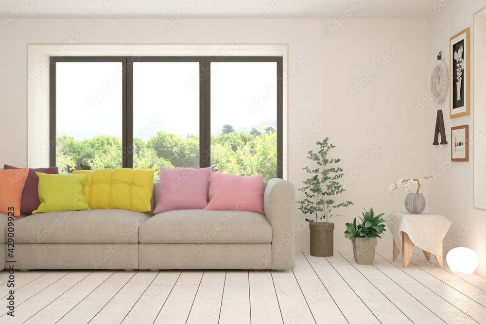 White living room with sofa and summer landscape in window. Scandinavian interior design. 3D illustration