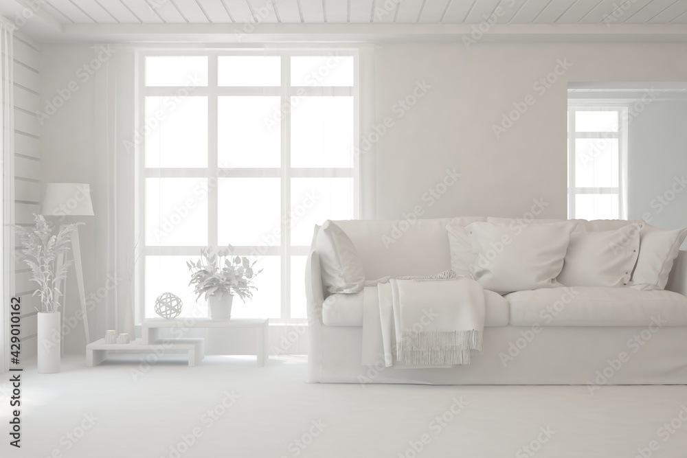 Mock up of minimalist living room in white color with sofa. Scandinavian interior design. 3D illustration Mock up of minimalist living room in white color with sofa. Scandinavian interior design. 3D illustration