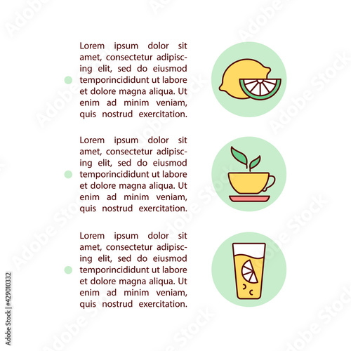 Citrus juice and green tea concept line icons with text. PPT page vector template with copy space. Brochure  magazine  newsletter design element. Healthy antioxidants linear illustrations on white
