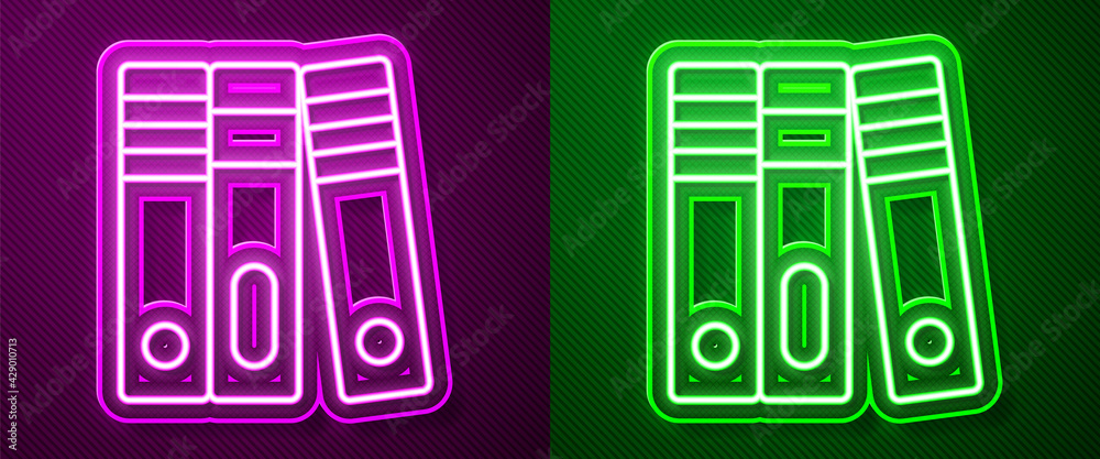Glowing neon line Office folders with papers and documents icon isolated on purple and green background. Office binders. Archives folder sign. Vector Glowing neon line Office folders with papers and documents icon isolated on purple and green background. Office binders. Archives folder sign. Vector