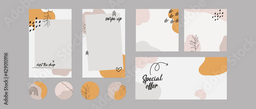 Instagram, Facebook social media blog story post feed ad template and highlights. abstract minimal organic floral spring shapes vector background layouts. for beauty, cosmetics, fashion, spa, food