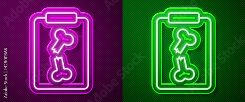 Glowing neon line X-ray shots icon isolated on purple and green background. Vector