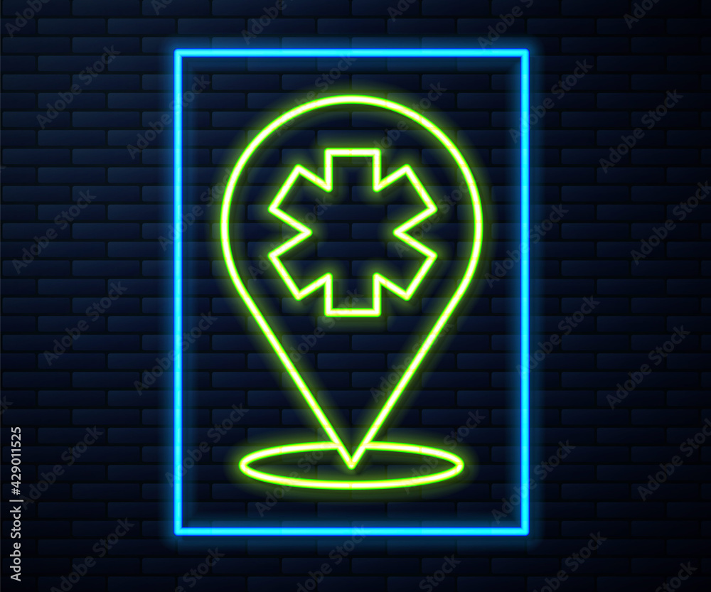 Glowing neon line Medical map pointer with cross hospital icon isolated on brick wall background. Vector