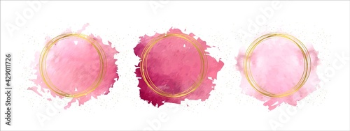 Pink paint brush strokes. Watercolour splashes set with golden circle. Vector illustration