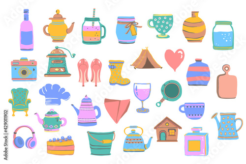 set of cute cartoon vintage kitchen, garden and home decoration items , objects,retro teapots, water cans, bucket, vases cups anf bottles, isolated vector illustration graphic