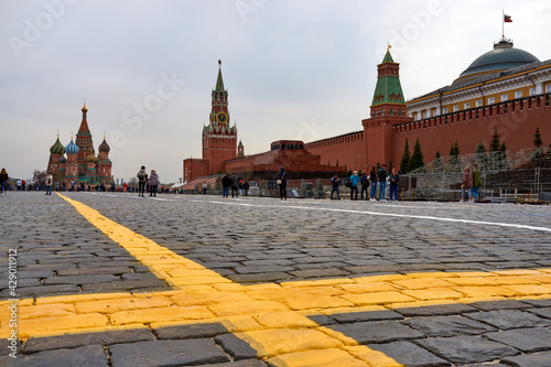 MOSCOW,RUSSIAN FEDERATION-APRIL 20,2021: New road markings on Red Square. Before the military parade on May 9.