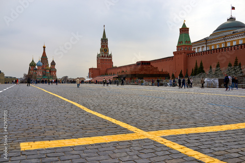 MOSCOW,RUSSIAN FEDERATION-APRIL 20,2021: New road markings on Red Square. Before the military parade on May 9. photo